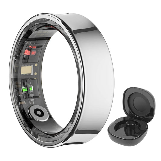 Smart Ring Wodoodporny 5ATM Zdrowie Fitness Pierścienie Tętno Tlen We Krwi Monitorowanie Snu z Etui Ładującym dla IOS Android Srebrny 