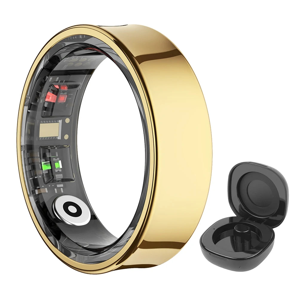 Smart Ring Waterproof 5ATM Health Fitness Rings Heart Rate Blood Oxygen Sleep Monitoring with Charging Case for IOS Android Gold